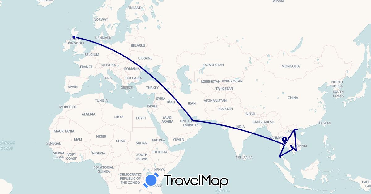 TravelMap itinerary: driving in United Arab Emirates, United Kingdom, Cambodia, Thailand, Vietnam (Asia, Europe)